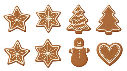 Christmas gingerbread cookies in various shapes isolated on transparent background