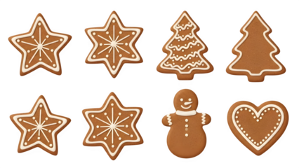 Christmas gingerbread cookies in various shapes isolated on transparent background