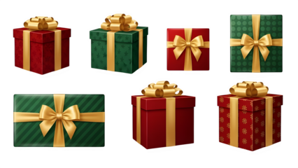 Collection of christmas gift boxes with ribbons isolated on transparent background