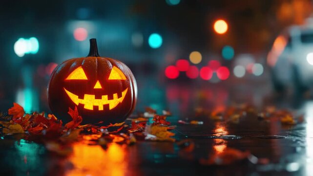 Video A carved pumpkin sits atop damp soil, perfect for autumn scenes or spooky decorations