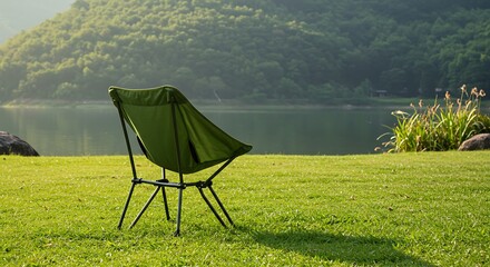 Serene outdoor scene featuring a solitary green folding chair on a vibrant green lawn overlooking a lake