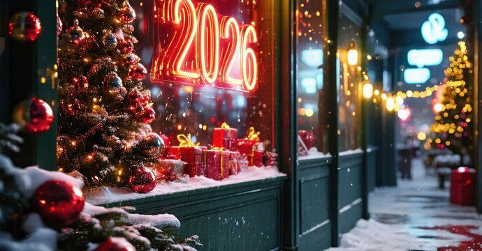 Festive storefront display. Bright lights, gifts, tree, snow create cozy winter scene. Neon sign shows year 2026.