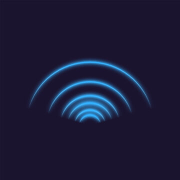 Abstract Blue Neon Concentric Arcs Expanding on a Dark Background Illustrating Digital Sound, Signal, or Radio Waves