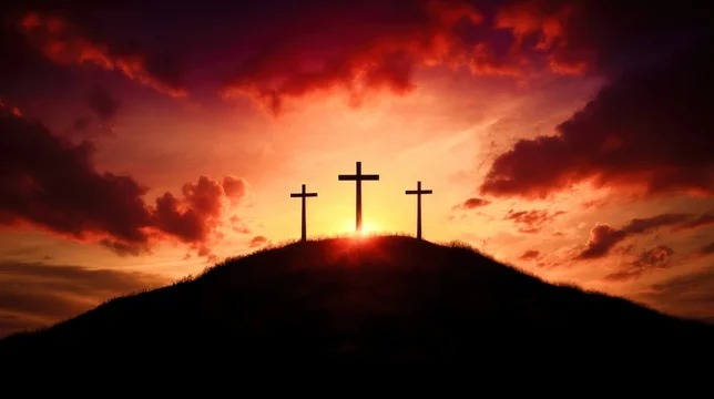 Spiritual Sunset Scene with Three Crosses on Hilltop