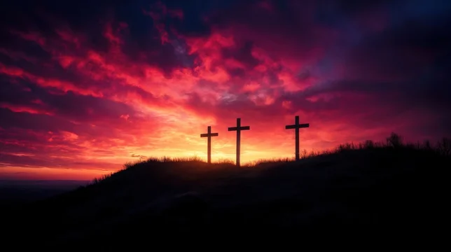 Sunset Silhouette of Three Crosses on Golgotha Hill