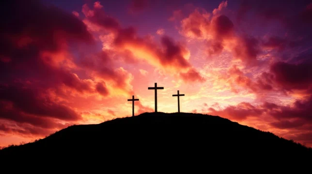 Dramatic Golgotha Hill with Crosses at Glowing Sunset