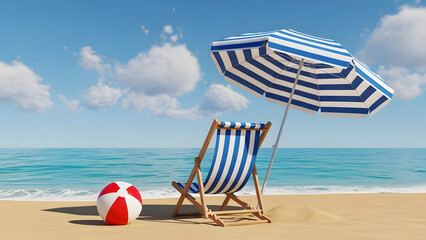 Relaxing beach scene with striped deck chair umbrella and beach ball on sandy shore