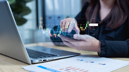 Stock market trading concept with investor analyzing shares, business growth, exchange trends, and potential profits through strategic investments.
