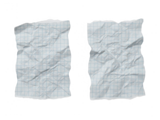 Two crumpled pieces of graph paper isolated on transparent background