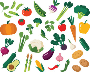 Large colorful vector set of diverse fruits and vegetables: pumpkin, corn, asparagus, tomato, and cucumber, symbolizing healthy eating and organic food