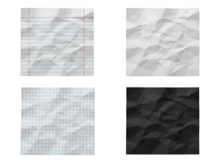 Four crumpled paper texture samples isolated on transparent background