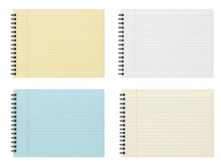 Four spiral notebook pages in yellow, white, blue, cream isolated on transparent background