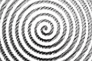 Macro of printed spiral rings in black halftone on transparent PNG, forming a hypnotic vortex or tunnel effect in bold monochrome.
