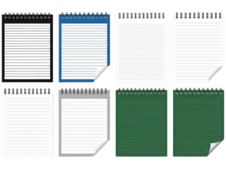 Collection of eight spiral bound notepad and notebook pages isolated on transparent background