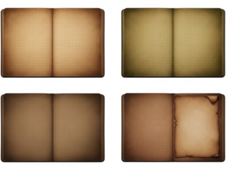 Four vintage open grid paper book pages on white isolated on transparent background