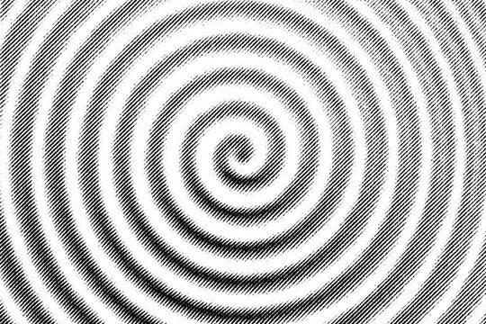 Macro of printed spiral rings in black halftone on transparent PNG, forming a hypnotic vortex or tunnel effect in bold monochrome.