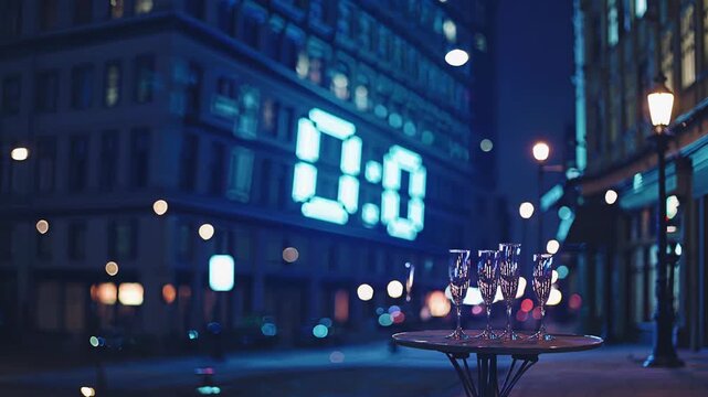 City street at night with a digital clock countdown projected onto a building, progressing through different times and colors, with champagne glasses ready for a celebration event