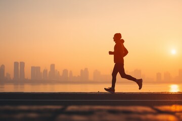Fototapeta premium A man running outdoors during sunrise.