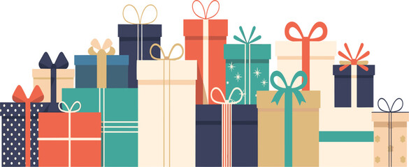 Large colorful vector collection of stacked Christmas gifts and presents with ribbons, symbolizing holiday shopping, celebration, and festive cheer