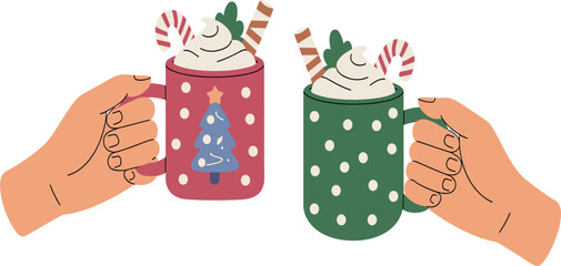 Cute vector illustration of hands holding festive Christmas hot chocolate mugs decorated with candy canes and holiday tree design for season greeting