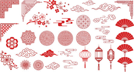 Red Asian Vector Elements Set, Traditional Chinese Corners, Geometric Patterns, Floral Designs, Clouds, and Fans for Lunar New Year and Cultural Design Backgrounds. © Shihab Creative