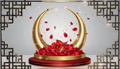 Golden Crescent Stage with Red Petals and Decorative Border