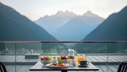 Obraz premium Healthy breakfast on a balcony with a scenic mountain view. Table with fresh fruit, coffee, and juice in the morning light. Luxury travel concept