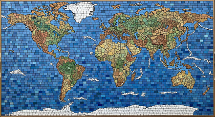 Mosaic detail of the world map with continents of America, Europe, and Asia composed of harlequin circles for a global business and travel illustration