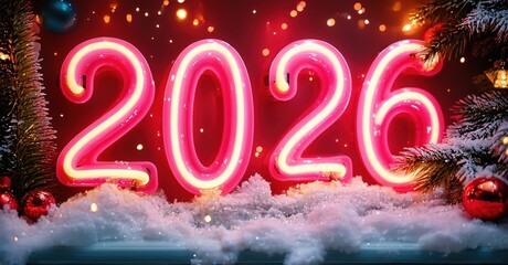 Bright pink neon numbers display year 2026. Snow covers ground, festive decorations surround digits. Holiday season imagery present.