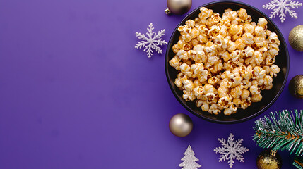 A serving of popcorn next to golden Christmas tree baubles and snowflakes on a purple background, evoking a festive mood, New Year's cinema, and winter fun