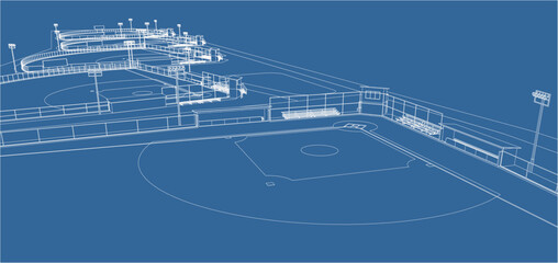 3D Wireframe Rendering of a Baseball Dugout and Spectator Shelter