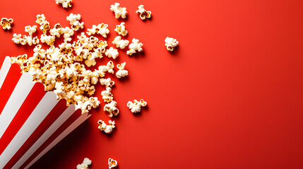 Paper bag of caramel popcorn on a red background, a minimalist scene for advertising snacks, movie theaters, and seasonal promotions