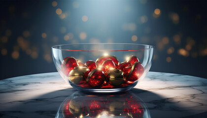 A Crystal Bowl Filled with Red and Gold Ornaments, Illuminated by Soft Lights, Set on a Marble Surface
