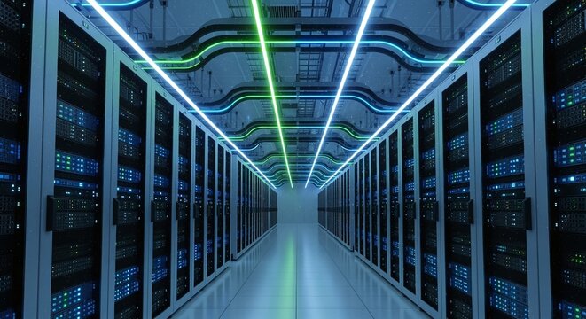 Server room data center technology infrastructure network computing digital storage processing hardware security cyberspace connectivity future - Powered by Adobe