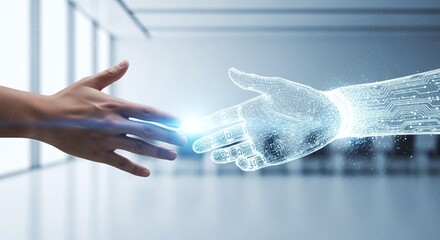 Human hand reaching to touch glowing digital wireframe robot hand symbolizing artificial intelligence technology partnership and future connection
