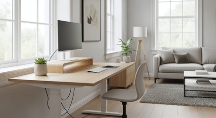 Modern home office setup with adjustable standing desk ergonomic chair large windows bright natural light and comfortable living room area