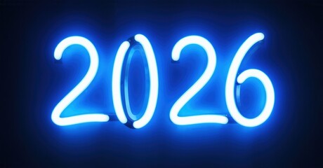 Bright neon sign displays year 2026. Vivid blue glow contrasts dark background. Future concept, time, date representation.