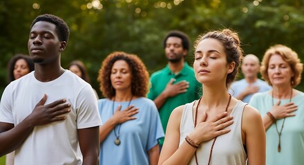 Diverse group of people meditating outdoors with hands on their chests, finding peace and mindfulness in nature's embrace