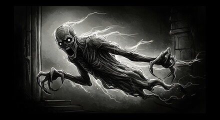 Spooky monochrome spectral figure with glowing eyes, floating from a dark arched passage