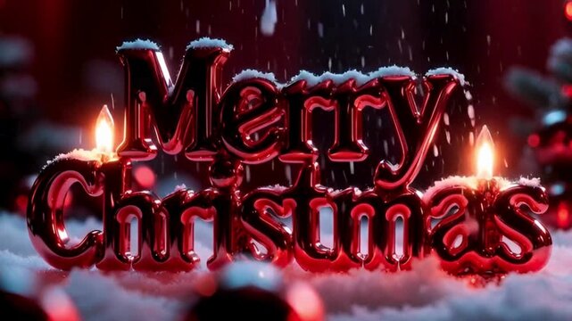 A festive Christmas scene with red-tinted chrome "Merry Christmas" letters, dramatic lighting, and a dark background.
