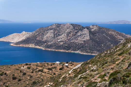 View of Nikouria Island, sea and mountains, Amorgos, Cyclades, Greece