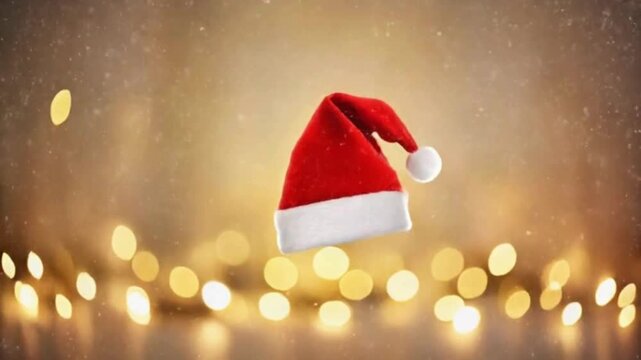 A festive red Santa hat floats against a magical golden bokeh background with gently falling snow, evoking the spirit of Christmas and holiday cheer.