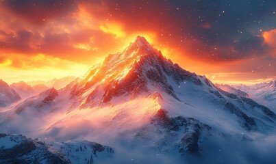 Majestic snow-capped mountain glowing under a dramatic fiery sunset sky.