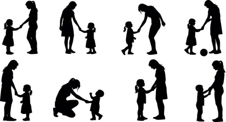 Silhouette collection of mother and child interaction isolated on