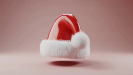 A 3D rendered, shiny red Santa hat with a fluffy white trim and pom-pom, floating against a soft pink background, symbolizing festive cheer and holiday spirit. - Powered by Adobe