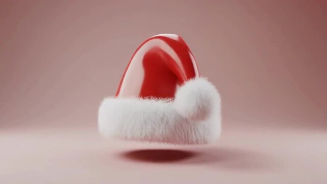 A 3D rendered, shiny red Santa hat with a fluffy white trim and pom-pom, floating against a soft pink background, symbolizing festive cheer and holiday spirit.