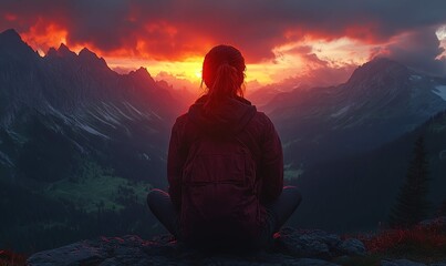 Woman meditating on mountain peak at sunset, vibrant sky over alpine landscape