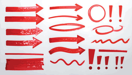 Red textured arrows, lines, circles and exclamation points