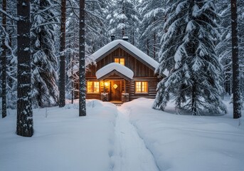 A cozy, snowcovered log cabin glows warmly with lights in a dense, winter forest during a peaceful evening, with a cleared path leading to the entrance