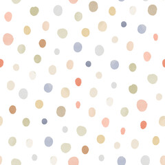 Watercolor seamless pattern with delicate pastel circles, isolated illustration for baby wallpaper, textile or wrapping paper. Hand-drawn whimsy design print.